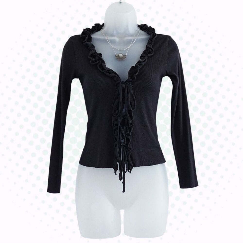 Nation LTD Y2K Style Black 100% Cotton Ruffle Tie Front Cardigan Top Size S
